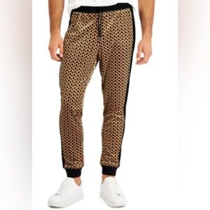 INC International Concepts Men's Patterned Gold & Black Jogger Velour Sweatpants